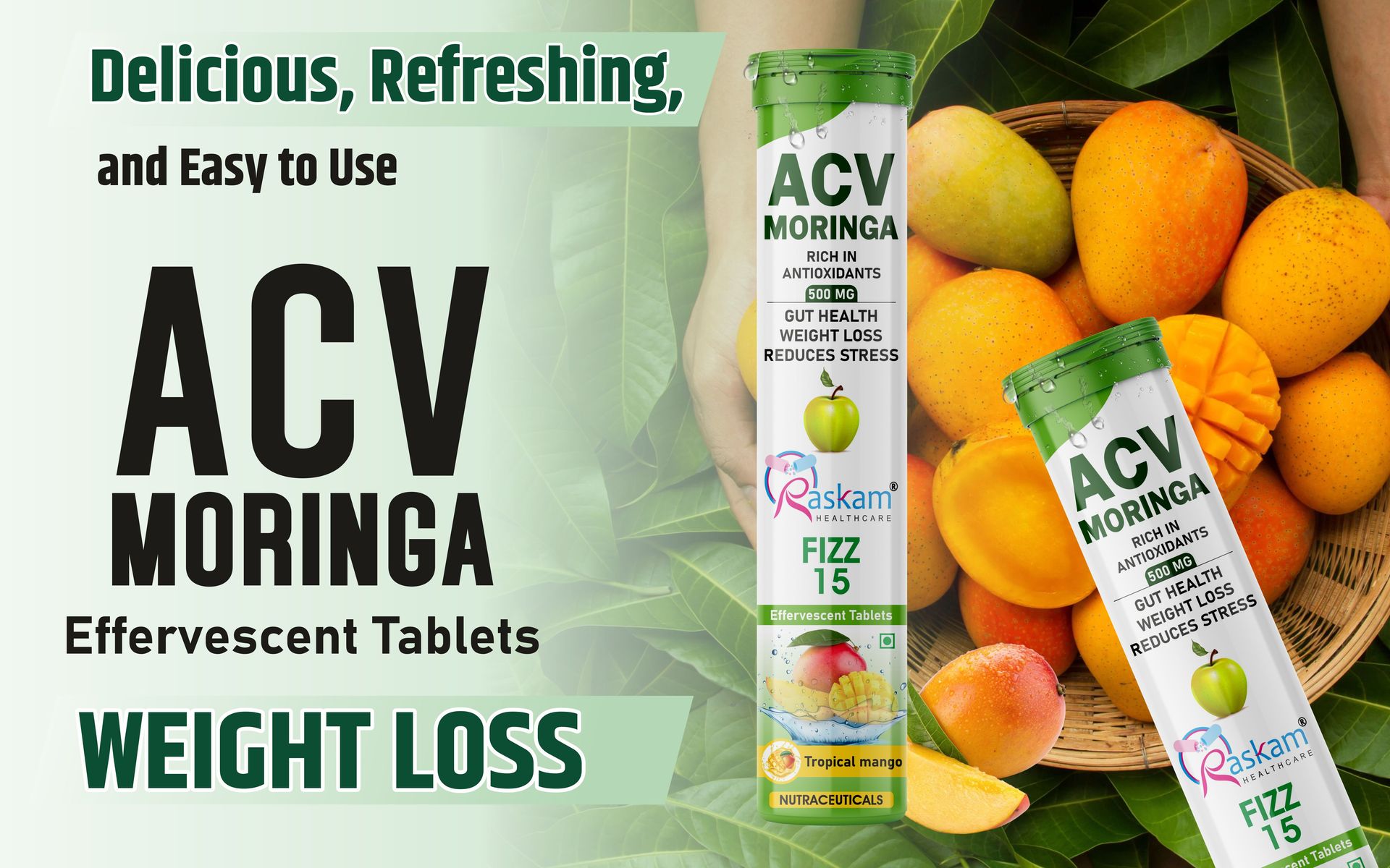 Apple Cider Vinegar Moringa Fizz Tablets 500mg – Tropical Mango Flavor, No Added Sugar, Supports Gut Health & Immunity – 15 Effervescent Tabs (Pack of 3)