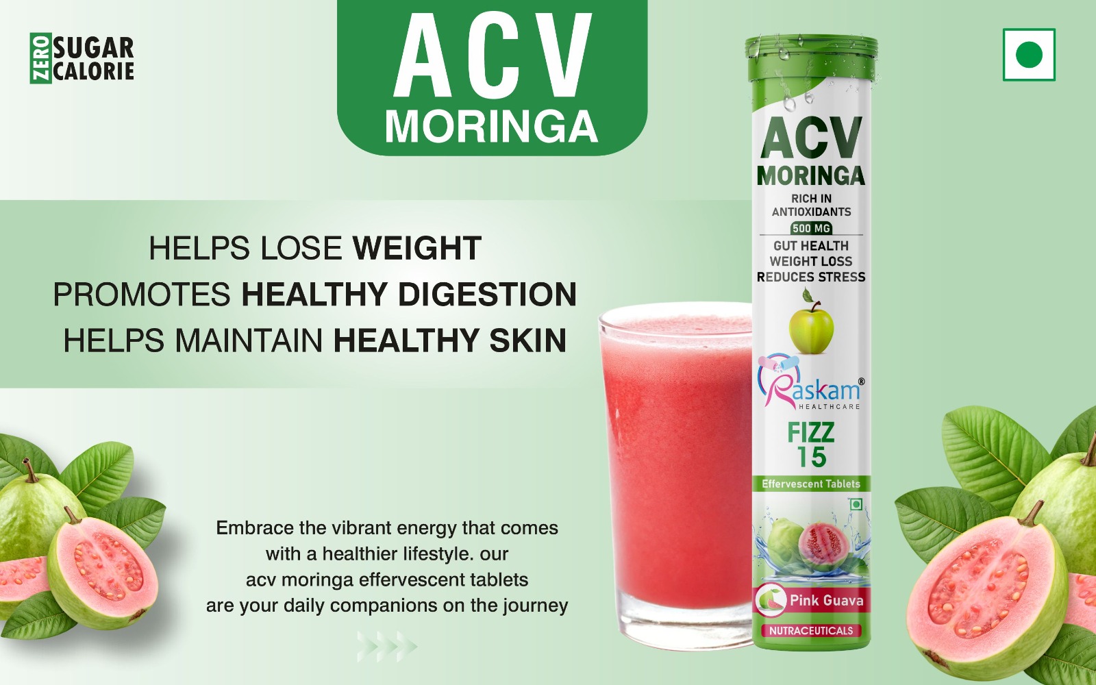 ACV Moringa Antioxidant Effervescent Tablets 500mg – Pink Guava, Immunity & Gut Health Support, No Added Sugar – 15 Tabs (Pack of 4)