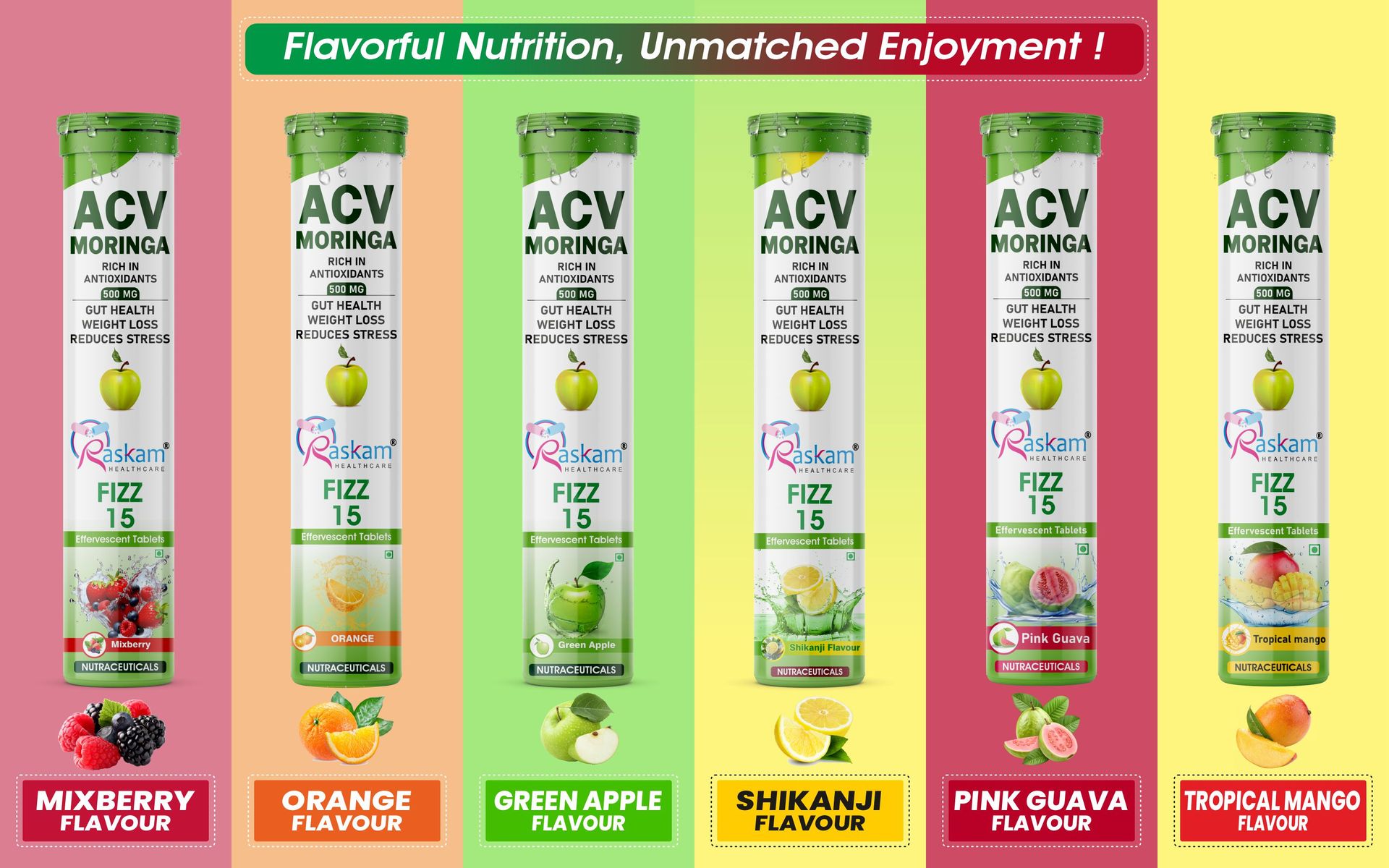 ACV Moringa Effervescent Drink Tablets 500mg – Pink Guava, Antioxidant Immunity Booster, No Sugar Added – 15 Fizz Tabs (Pack of 6)
