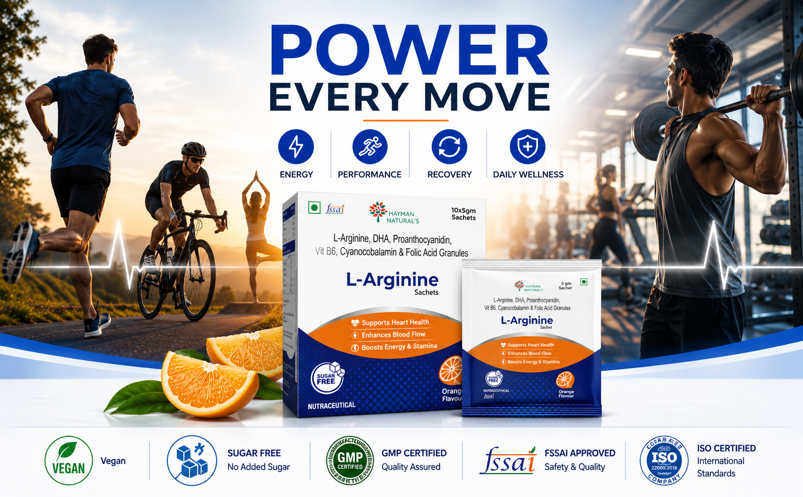 Hayman Natural's L-Arginine Powder Sachets - Sugar Free, L-Arginine Supplement Powder for Pre-Workout, Muscle Recovery & Stamina for Men & Women, Orange Flavour, 5g, 10 Sachets