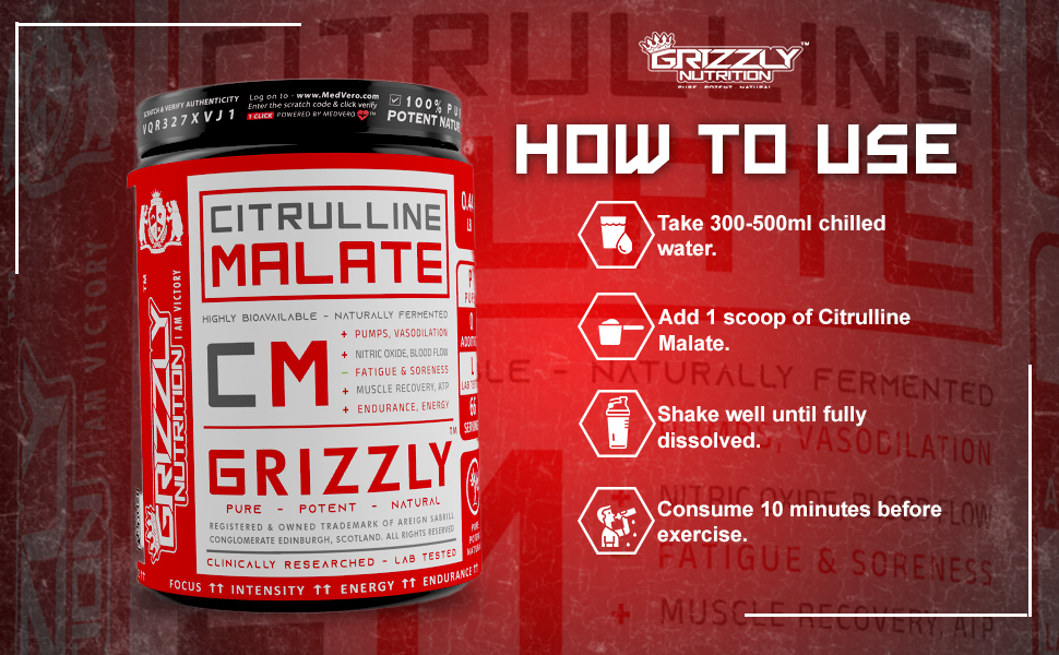 Grizzly Nutrition, Pure Citrulline Malate, no added flavor, color, True Athlete Professional Standard - Highly Bioavailable, Amino support, 200 grams 65 servings, Muscle vascularity