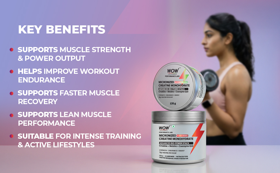 WOW Life Science Creatine Monohydrate Powder | 3g Creatine with Betaine & CoQ10 | Daily Strength & Muscle Support | No Added Sugar | 135g | Great Tasting | Unisex | Watermelon & Orange Combo Pack