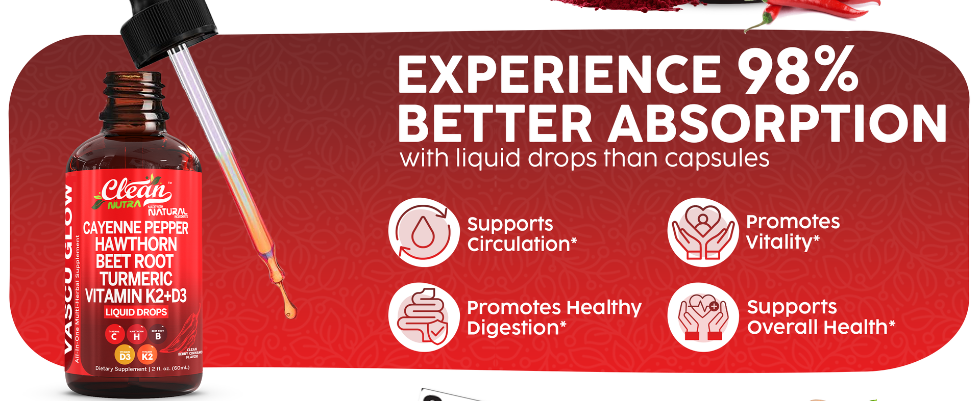 Clean Nutra Cayenne Pepper Drops Supplement Liquid + Hawthorn Berry, Vitamin D3 K2 Beet Root Powder, Ceylon Cinnamon, Turmeric Curcumin, Organic Panax Ginseng, Berberine Extract 1 Pack