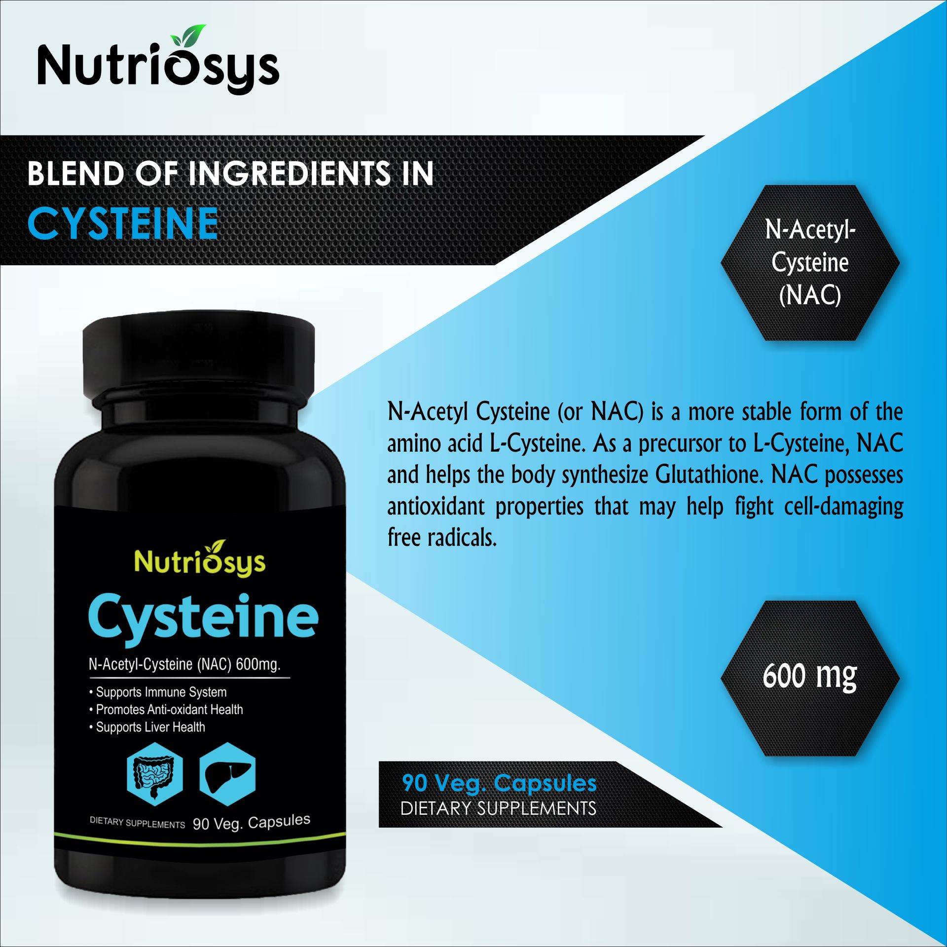 Nutriosys Cysteine 600mg (90 Veg Capsules), Supports immune system