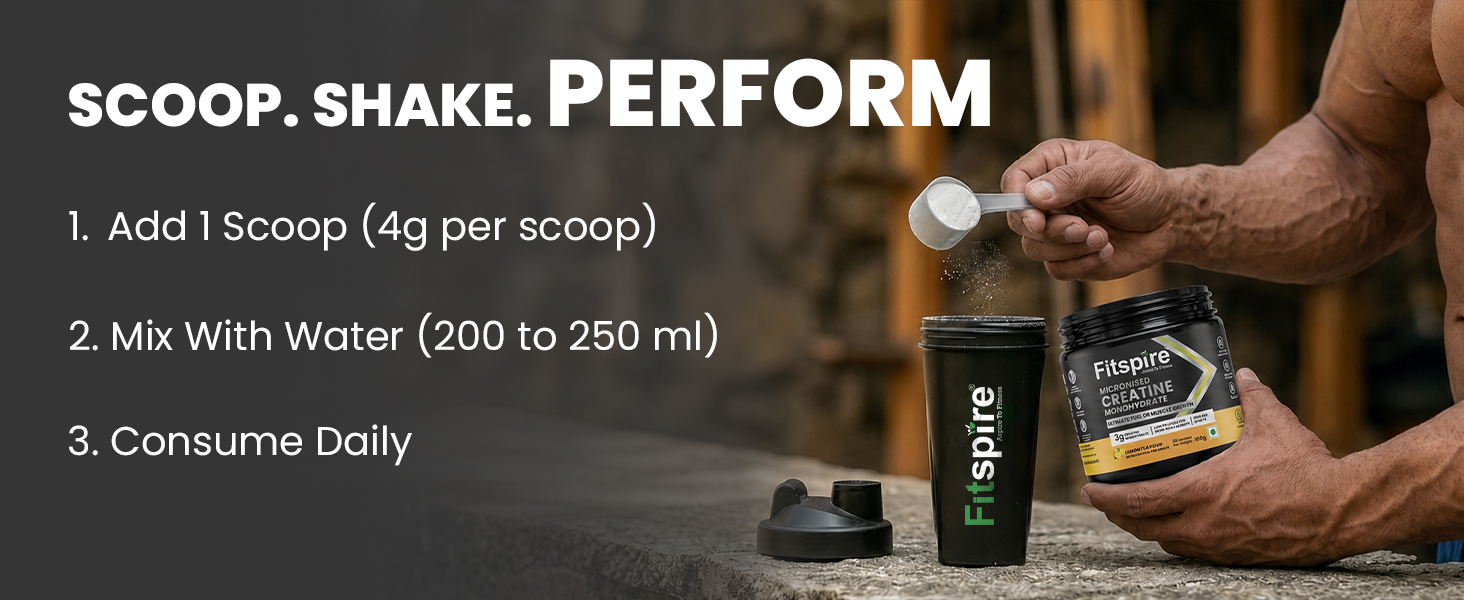 Fitspire Creatine Monohydrate Powder Lemon Flavour 100g (3g Per Scoop) | Fuel for Max Muscle Strength, Power & Growth | Improves ATP Production