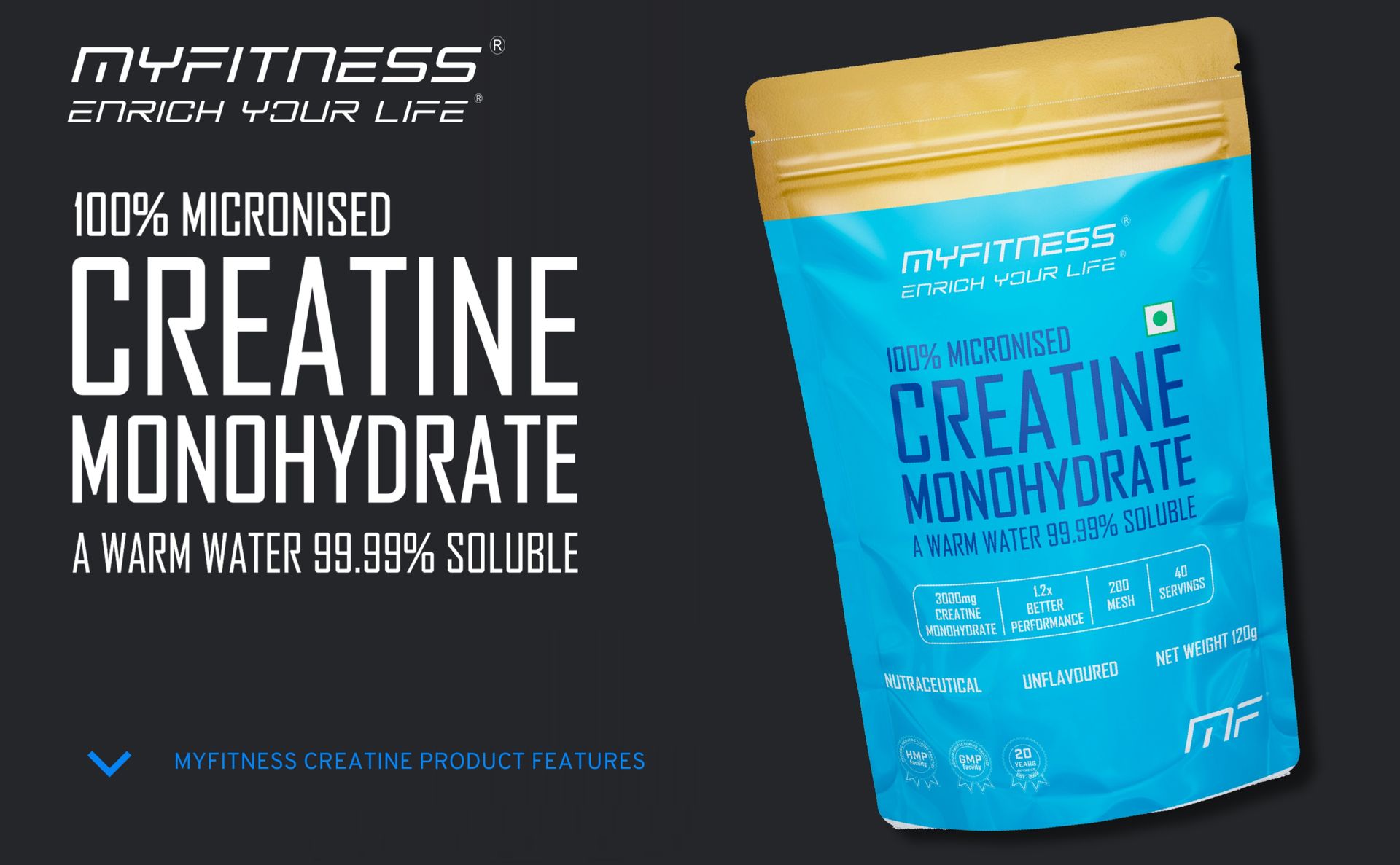 Myfitness Creatine Powder | Pure Micronised Creatine Monohydrate | Pre Workout Supplement | 40 Servings | Unflavoured | 120g |