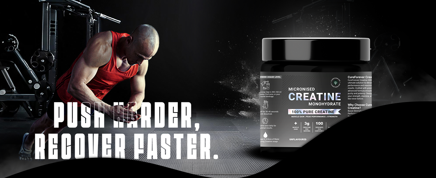 CUREFOREVER Creatine Monohydrate Powder – Unflavoured, 100 Servings, Micronized Pre-Workout Supplement for Muscle Strength, Power, Size, Endurance & Faster Recovery – 300g Pack