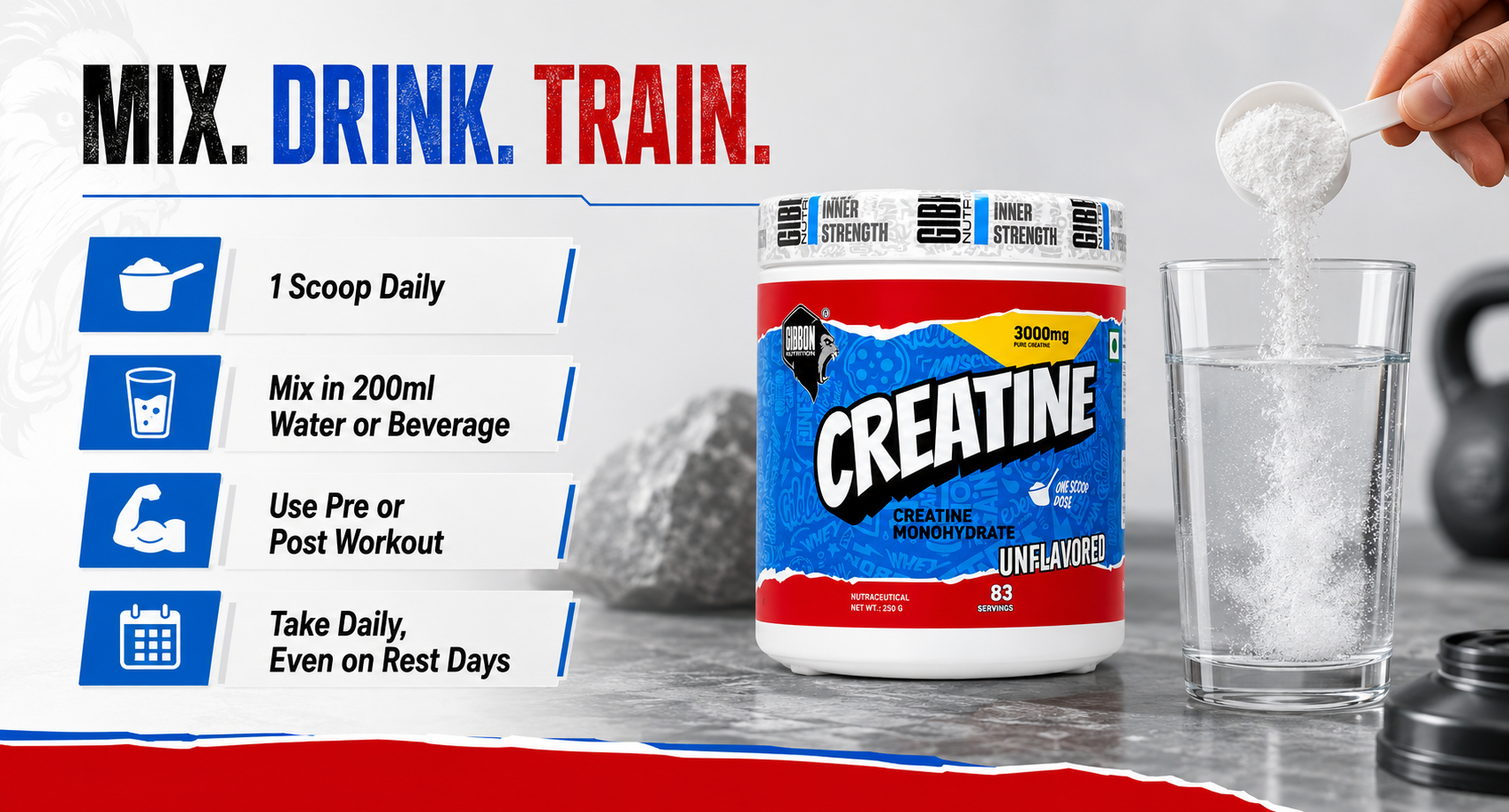 Gibbon Creatine Monohydrate Powder 250g | 3000mg Micronised Pure Creatine per Scoop | 83 Servings | Pre & Post Workout for Strength, Muscle Gain & Recovery | Unflavoured | Vegan, Lab-Tested, FSSAI