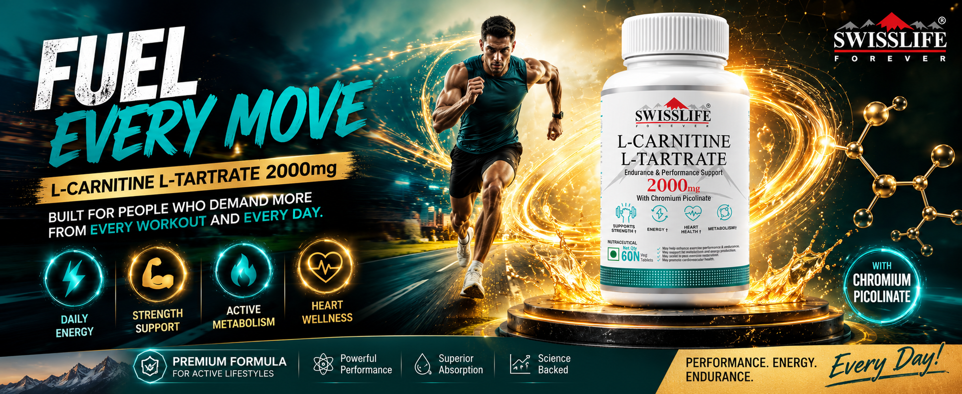 Swisslife Forever | L-Carnitine L-Tartrate 2000mg Tablets for Fat Metabolism & Energy Support | Chromium Picolinate for Weight Management, Endurance & Recovery | 60 Vegan Tablets