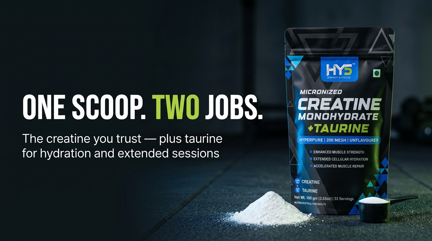 HY5 Micronized Creatine Monohydrate + Taurine Powder 100g | 2.5g Creatine & 500mg Taurine Per Serving | 200 Mesh | Unflavoured | Muscle Strength, Hydration & Recovery | 33 Servings
