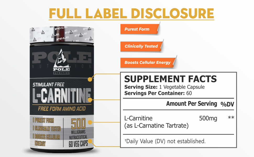 Pole Nutrition L-Carnitine Free Form Amino Acid 500mg - 60 Veg Capsules | Energy Production and Fat Metabolism Support - Vegetarian Formula