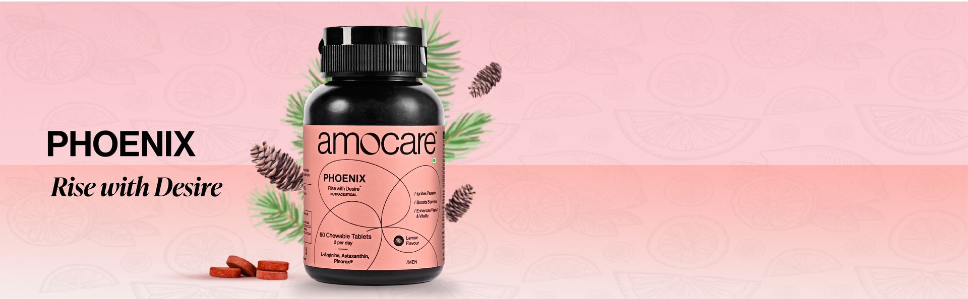 Amocare Chewable Tablets for Men | L-Arginine, Astaxanthin, Pine Bark Extract | Boosts Stamina | Enhances Vigour | Improves Vitality | Lemon Flavour | Veg (30 Tablets)