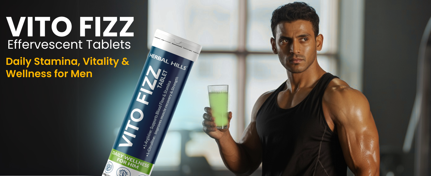 Herbal Hills Vito Fizz Mens Daily Fitness Tablet with L-Arginine & L-Citrulline for Energy & Strength- 15 Effervescent Tablets (Pack of 5)