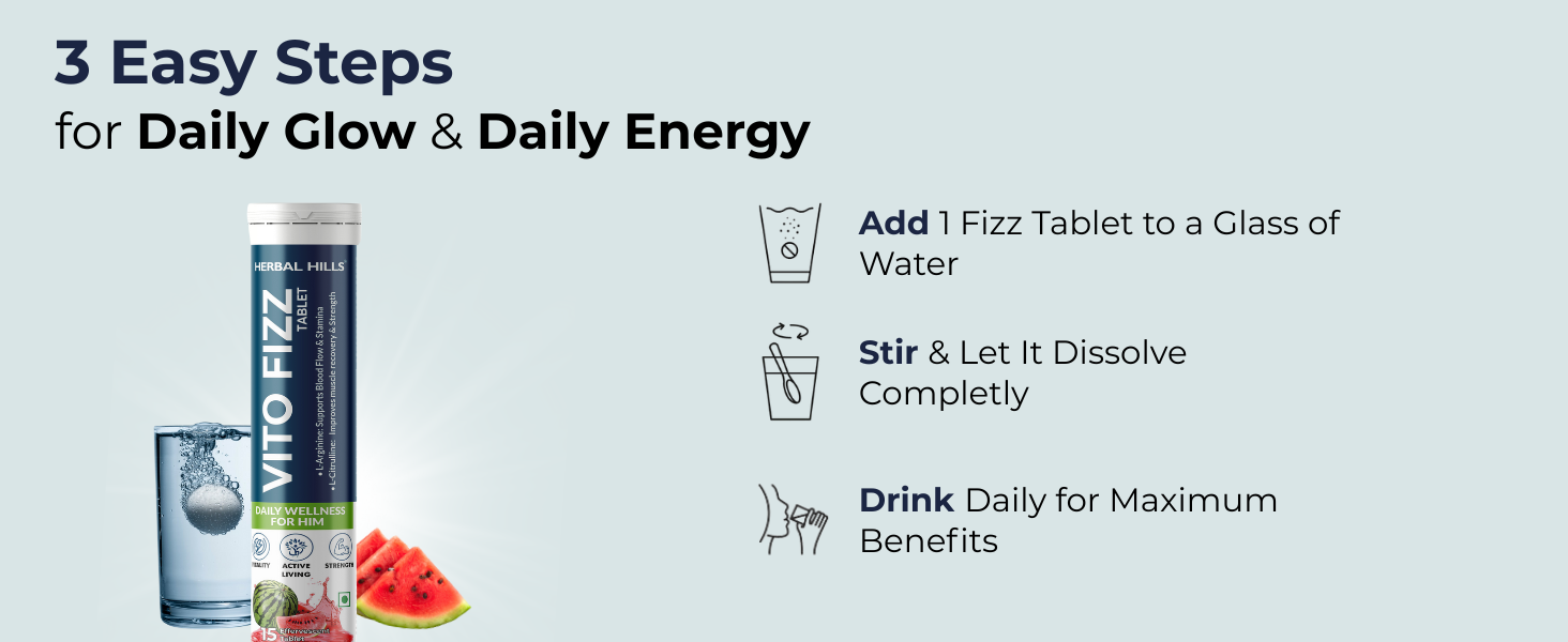 Herbal Hills Vito Fizz Mens Daily Fitness Tablet with L-Arginine & L-Citrulline for Energy & Strength- 15 Effervescent Tablets (Pack of 5)