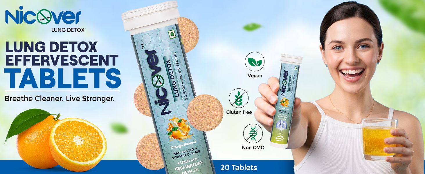 Lung Detox Tablets for Smokers & Pollution – NAC 600mg + Vitamin C Effervescent | Cleanse, Mucus Relief, Respiratory Support | Sugar-Free Orange Flavor | 20 Tablets