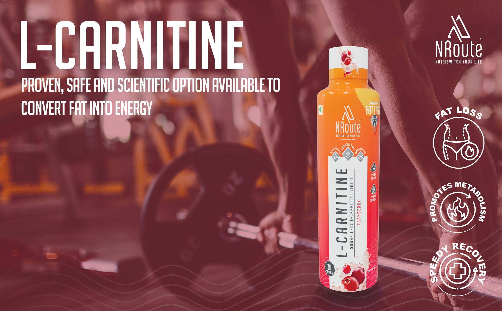 NRoute L-Carnitine Liquid 3000mg Converts Fat into Energy, Zero Sugar Fat Loss Drink, Post Workout Supplement for Muscle Growth - Pineapple 450ml