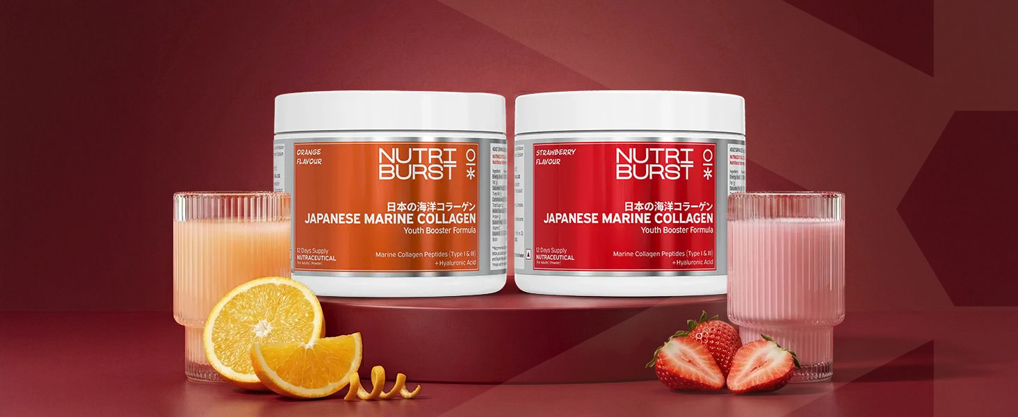 Nutriburst Japanese Marine Collagen Powder 100 g with Free Shaker | Marine Collagen Peptides Type I & III with Hyaluronic Acid | 8 g High Absorption Collagen | Strawberry Flavour | Supports Skin Radiance, Hair, Nails & Joint Health | For Men and Women