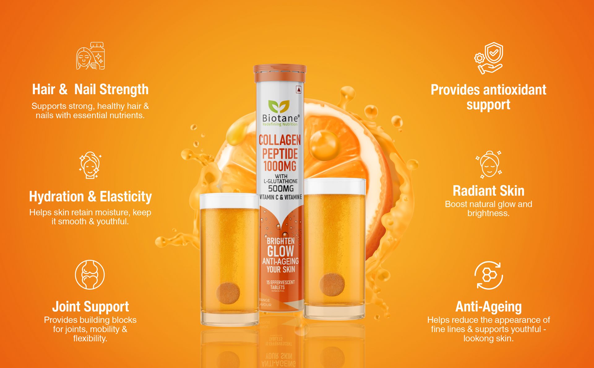 BIOTANE L‑Glutathione 500mg with Collagen Peptide 1000mg Effervescent Tablets – Innovative Dual Active Formula I Now with Vitamin C & Vitamin E | Skin Brightening, Glow & Anti-Ageing Supplement | Orange Flavour | 15 Effervescent Tablets