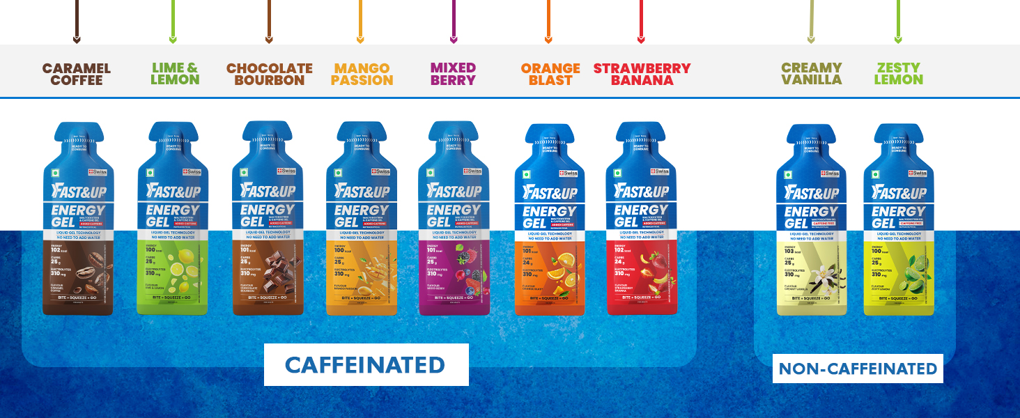 Fast&Up Energy Gel- Orange Blast flavour (Caffeinated) - Pack of 6 Gel Sachets, 39g per sachet- For Instant energy boost, Improved endurance and performance