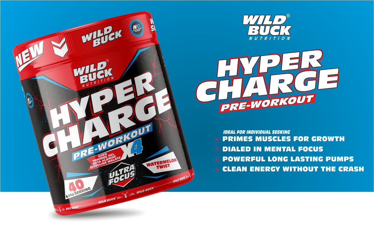 WILD BUCK Wild Pre-X4 Hardcore Pre-Workout Supplement Powder with Creatine Monohydrate,Arginine AAKG,Beta-Alanine,Explosive Muscle Pump,Caffeinated -For Unisex[40 Servings,Watermelon Twist],4.25 grams