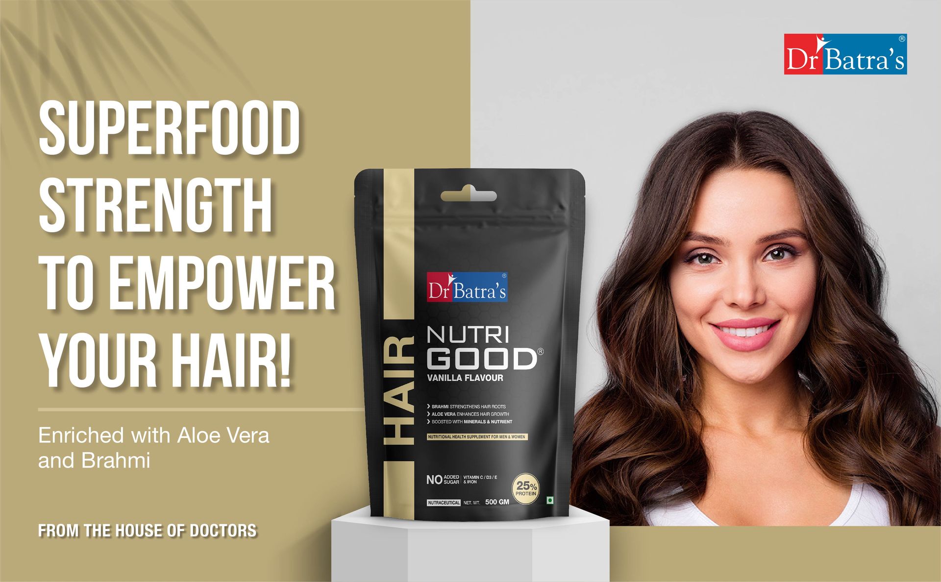 Dr Batra’s Nutrigood Hair Protein Powder 500g Vanilla with Brahmi, Biotin, Collagen & Keratin | Supplement for Hair Fall Control, Hair Growth, Stronger Thicker Hair & Scalp Nourishment | For Men & Women