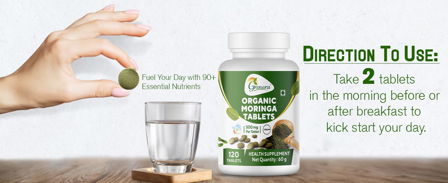 Grenera Organic Moringa Tablets 120 nos, Drumstick Leaf Powder Tablets, Super-Food Shigru, Vegan, Gluten Free, Non GMO