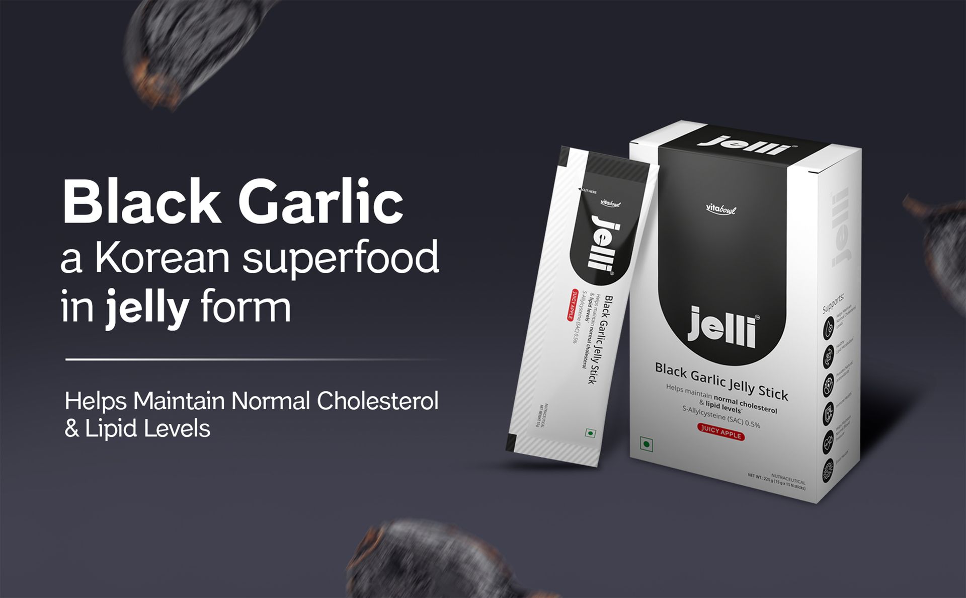 Jelli Black Garlic Jelly Stick | Korean Aged Black Garlic (500mg) with 0.5% S-Allylcysteine (SAC) | Juicy Apple Flavor | No Added Sugar | Ready-to-Eat Daily Jelly | 15 Sticks (15g Each)