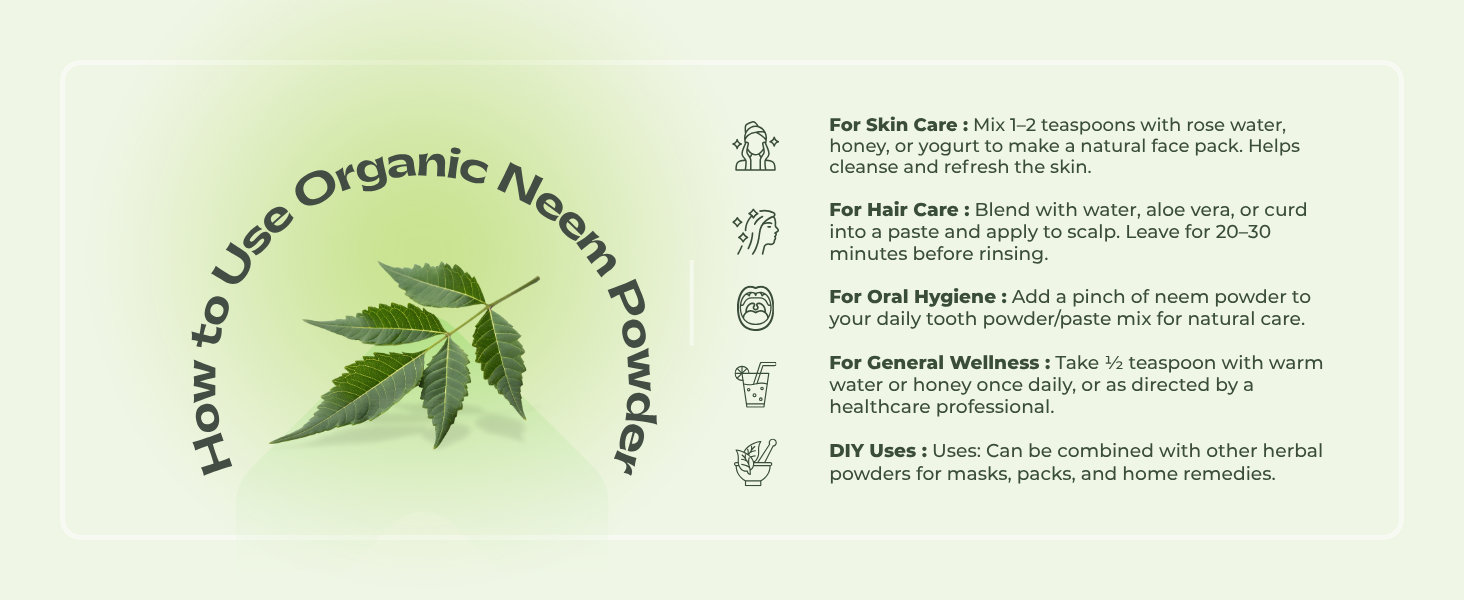 Pure Organio Organic Neem Powder | Azadirachta Indica | Vembu/Veppa Powder India Organic NPOP Certified (100 Gm)
