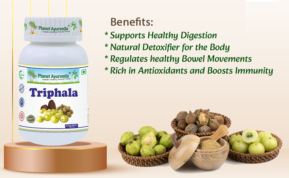 Planet Ayurveda Triphala Capsules, 60 Capsules | Ayurvedic Digestive Support Supplement | Natural Gut Cleanse & Colon Health Formula | Herbal Blend of Haritaki, Bibhitaki & Amla