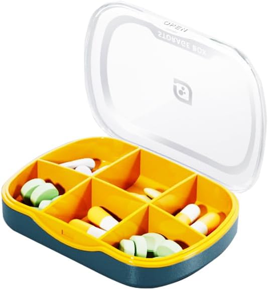 Weekly Pill Case Organizer, Small Travel Pill Box Planner 6 Tray, Cute Pocket Purse Daily Medicine Dispenser Reminder for Vitamin, Supplement, Fish Oil, Capsules, Tablet, Meds Storage Sorter 2