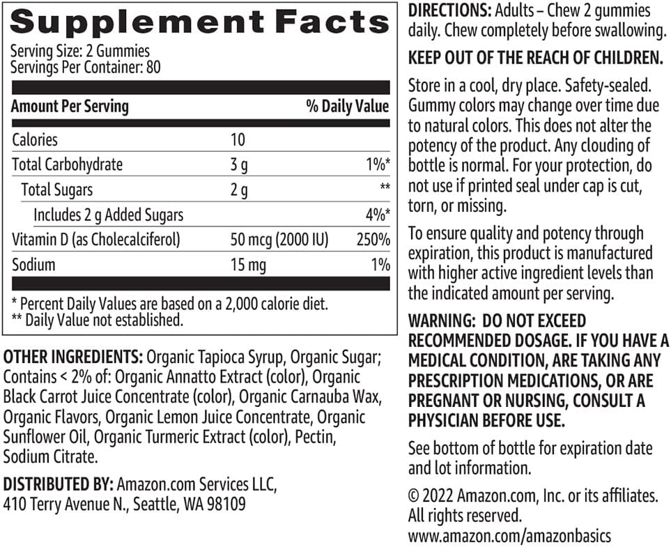 Basics Vitamin D3 2000 IU Gummies, Orange, Lemon & Strawberry, 160 Count (2 per Serving) (Previously Solimo) (Pack of 2) 6
