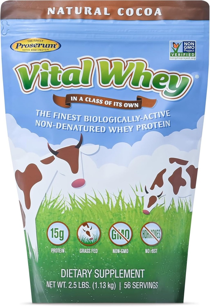Grass-Fed Whey Protein Powder for Immune Vitality, Natural Cocoa 2.5lbs (56 Servings), 15g Protein Per Serve, Vital Whey, Clean Holistic, Wellness Nutrition 2