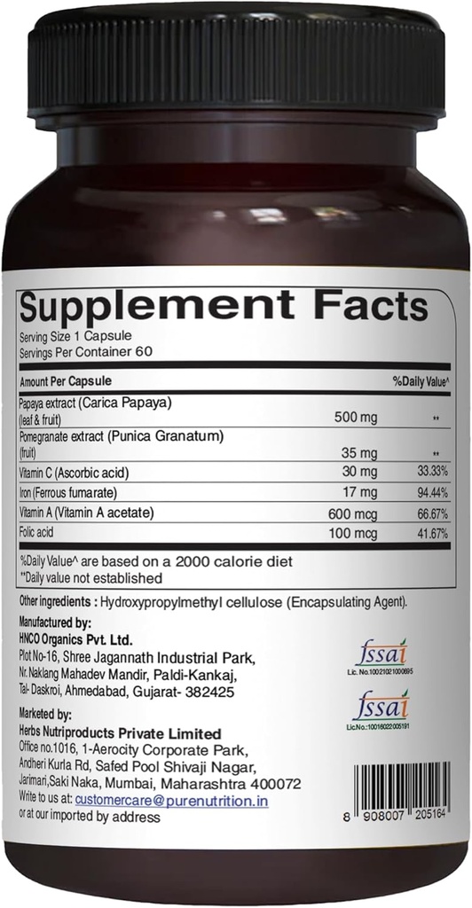 Pure Nutrition Papaya Complete - 60 Veg Capsules (Supports Platelet Immunity & Digestion) Each Capsule Contains 500mg Carica Papaya Fruit and Leaf Extract. Non-GMO | Gluten-Free 3