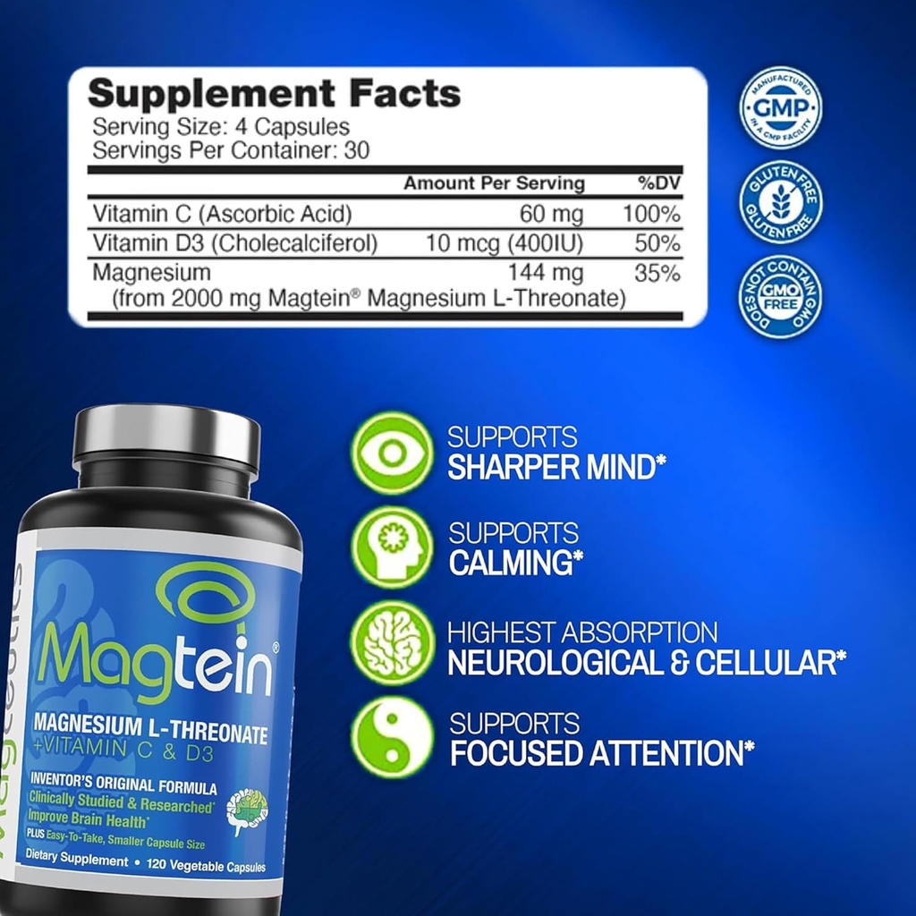 Magtein Magnesium L-Threonate to Improve Cognition, Focus, Memory, Sleep Quality and Brain Health with Small Caps - 120 Vegetable Capsules 5
