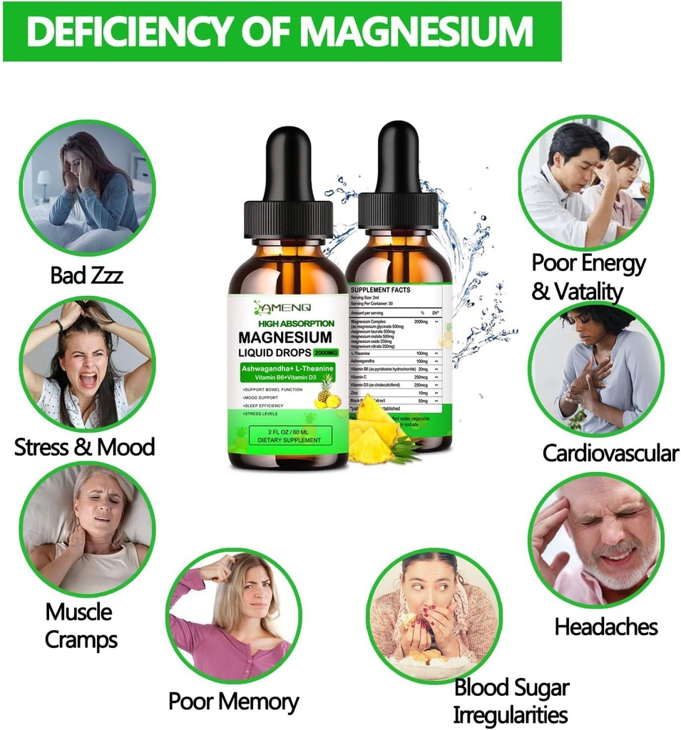 Liquid Magnesium Supplement, Organic 5-in-1 Magnesium Complex Drops 丨 Glycinate, Taurate, Oxide, Malate, Citrate w/L-Theanine, Ashwagandha for Cortisol, Sleep*, Stress, Muscle, 3