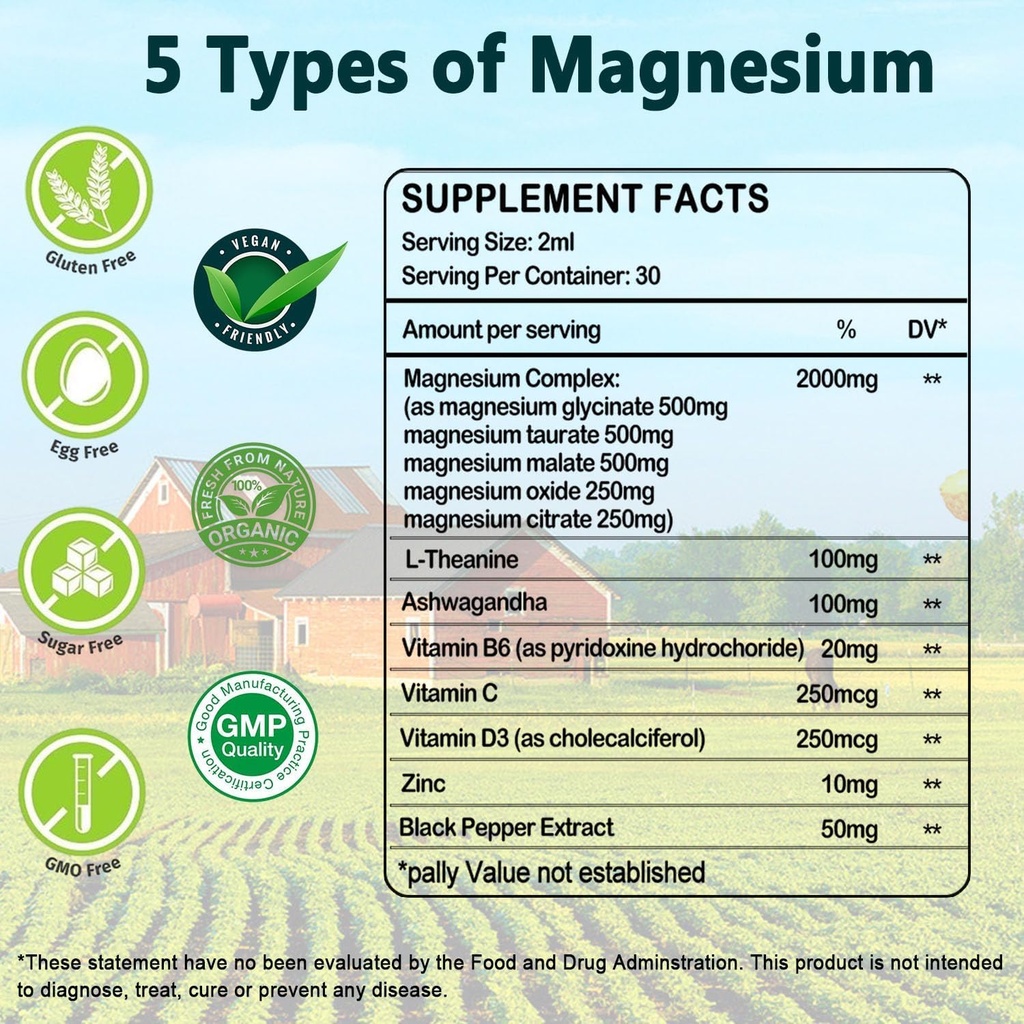 Liquid Magnesium Supplement, Organic 5-in-1 Magnesium Complex Drops 丨 Glycinate, Taurate, Oxide, Malate, Citrate w/L-Theanine, Ashwagandha for Cortisol, Sleep*, Stress, Muscle, 4