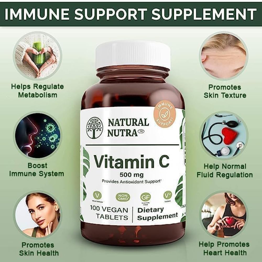 Natural Nutra Vitamin C Supplement 500 mg, Boost Immune System, Promotes Heart Health, Help Regulate Metabolism, Help Promotes Fluid Regulation and Skin Texture, Overall Body Health, 100 Vegan Tablet 4