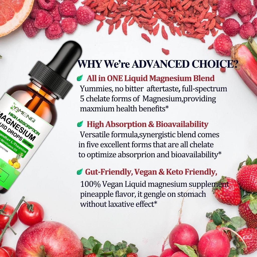 Liquid Magnesium Supplement, Organic 5-in-1 Magnesium Complex Drops 丨 Glycinate, Taurate, Oxide, Malate, Citrate w/L-Theanine, Ashwagandha for Cortisol, Sleep*, Stress, Muscle, 6