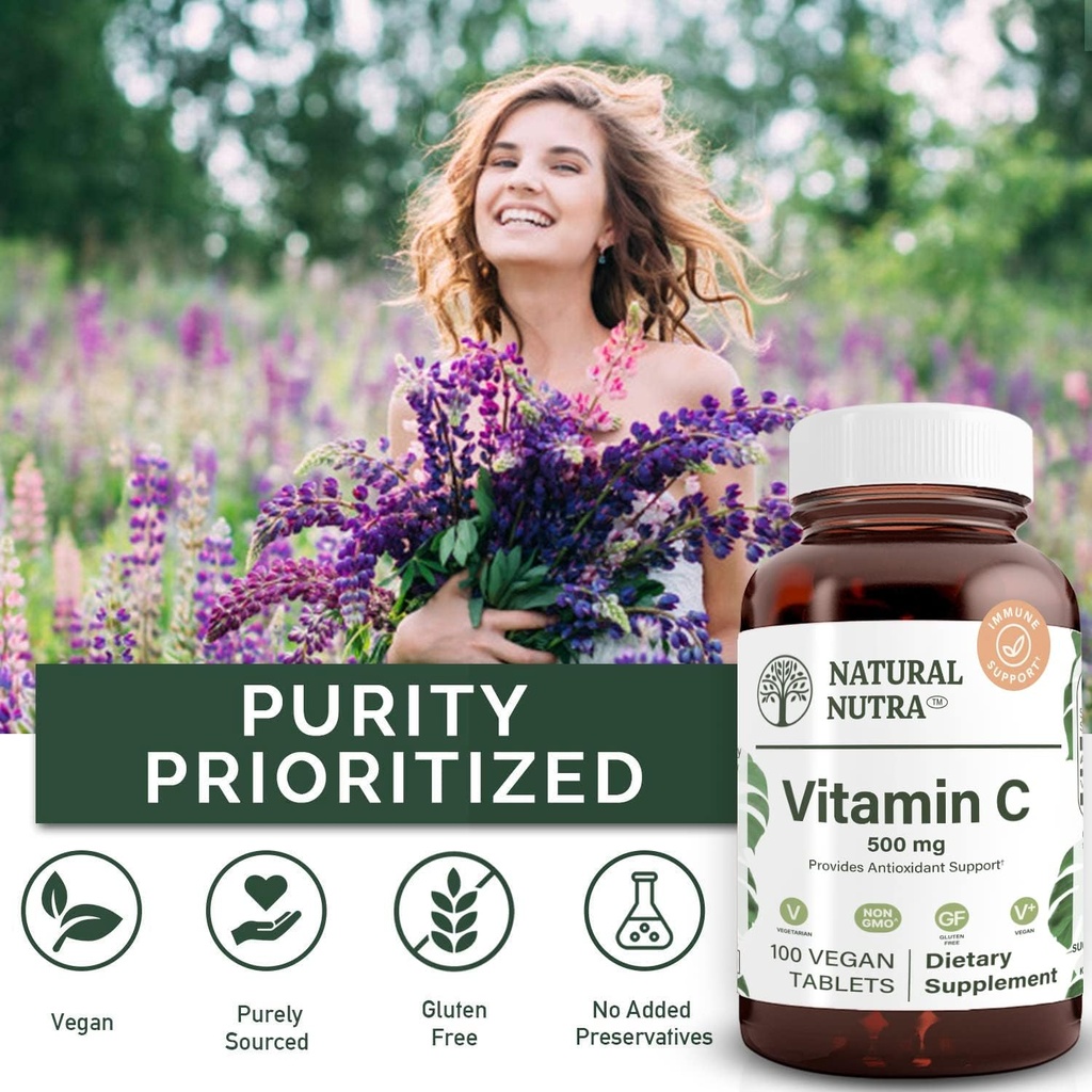 Natural Nutra Vitamin C Supplement 500 mg, Boost Immune System, Promotes Heart Health, Help Regulate Metabolism, Help Promotes Fluid Regulation and Skin Texture, Overall Body Health, 100 Vegan Tablet 5
