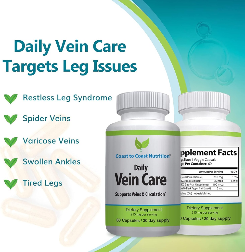 Daily Vein Care Supplement Capsules — Circulation Formula with a Natural Blend of Calcium, Vitamin D3, Vitamin K2 Plus BioPerine for Max Absorption Vein Formula — 60 Capsules 5