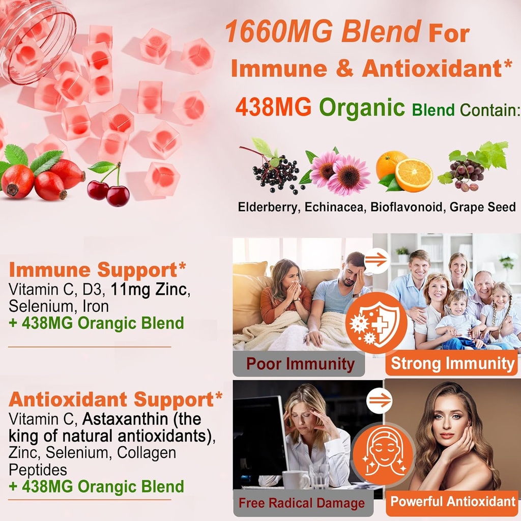 Natural Liposomal Vitamin C 1000mg Gummies for Adults Kids 9+, 1660mg Chewable Vitamin C w/ 11mg Zinc, D3, Elderberry, Echinacea, Bioflavonoid, Immune Support - Organic VIT C from Fruits, Sugar Free 5