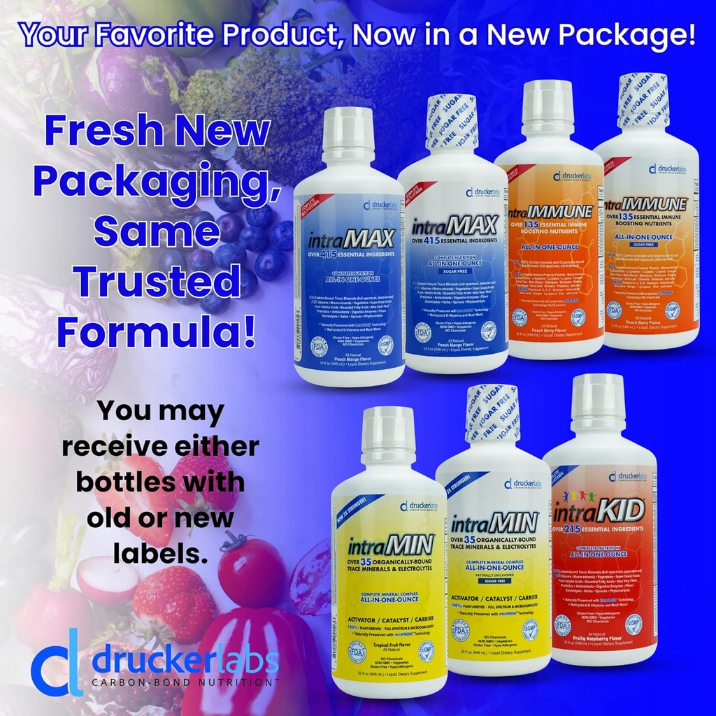 Drucker Labs intraMAX® (Peach Mango) & intraMIN® (Tropical Fruit): All-in-ONE Multivitamin & Mineral Complex (Immune Support, Non-GMO, Dairy-Free, Gluten-Free, Vegetarian, 32 fl oz Each) 3