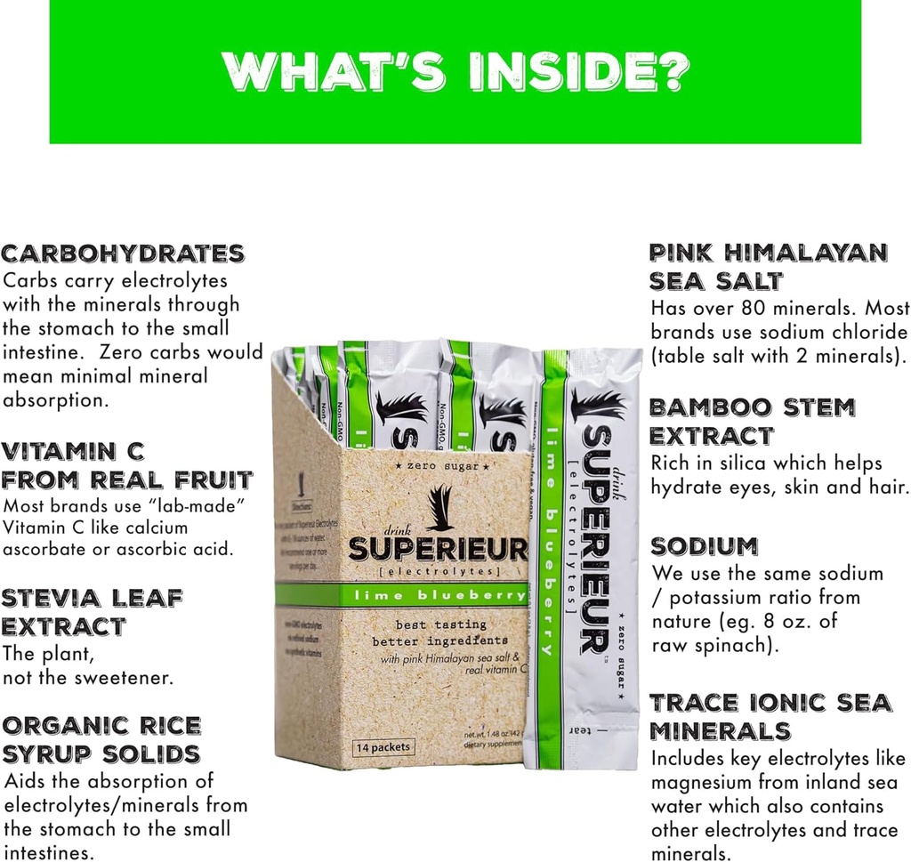 Superieur Electrolyte Powder Packets - Vegan Electrolyte Hydration Powder w/Sea Minerals - Keto Friendly, Non-GMO, Zero Sugar Electrolyte Supplement-Healthy Sports Drink -Lime Blueberry (14 Packets) 6