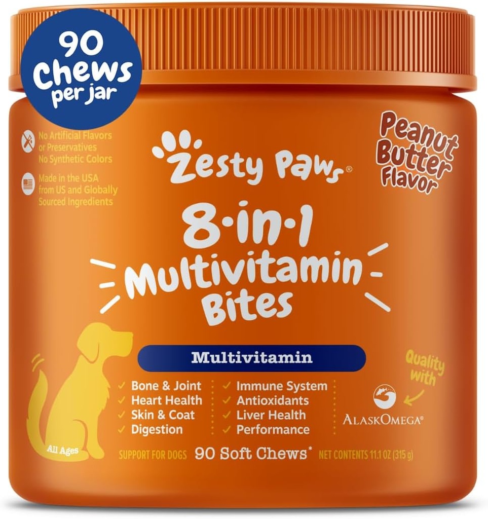 Zesty Paws Multivitamin Treats for Dogs, Glucosamine Chondroitin Joint Support + Digestive Enzymes & Probiotics, Grain Free Dog Vitamins and Supplements for Skin & Coat, Peanut Butter - 90ct 2