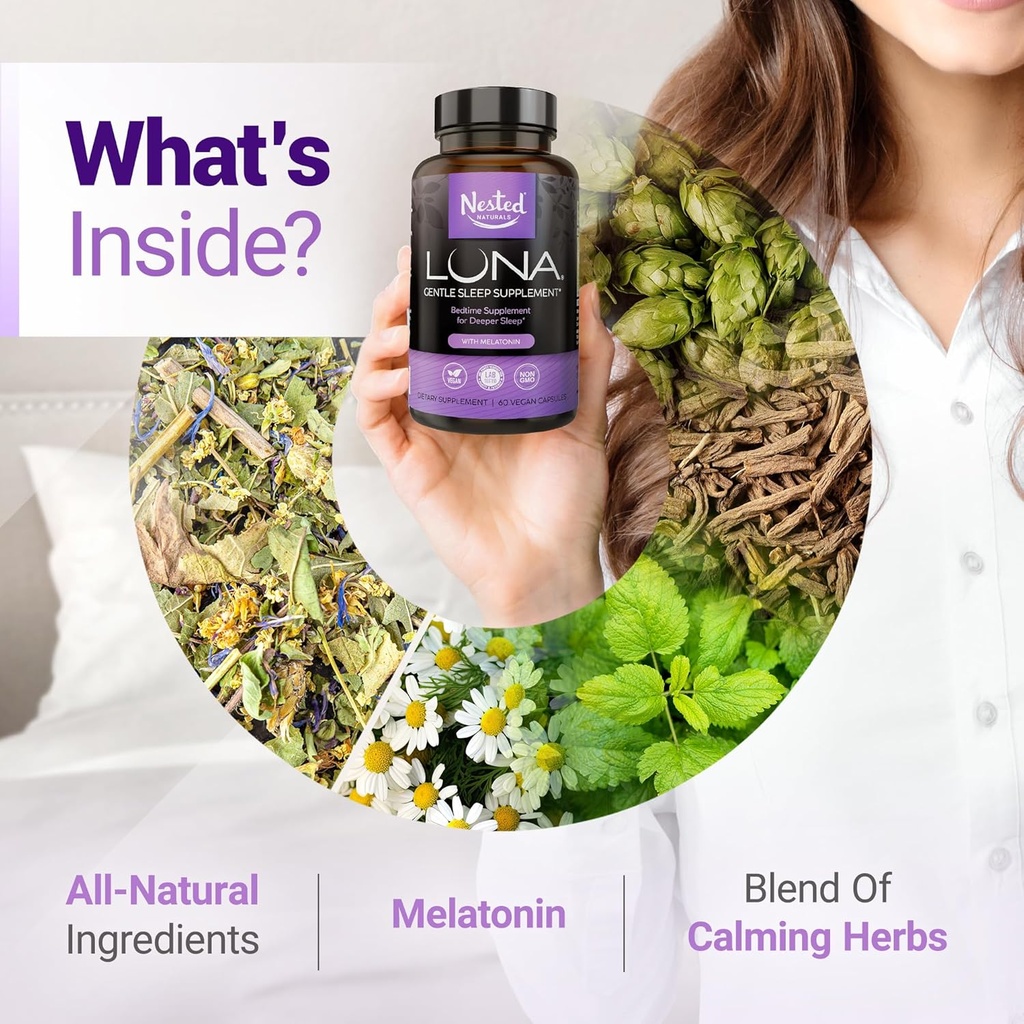 Nested Naturals Luna Herbal Sleep Supplement with Melatonin, Valerian Root, Chamomile | 180 Vegan Capsules (3-Pack) - 60 Capsules Per Bottle 6
