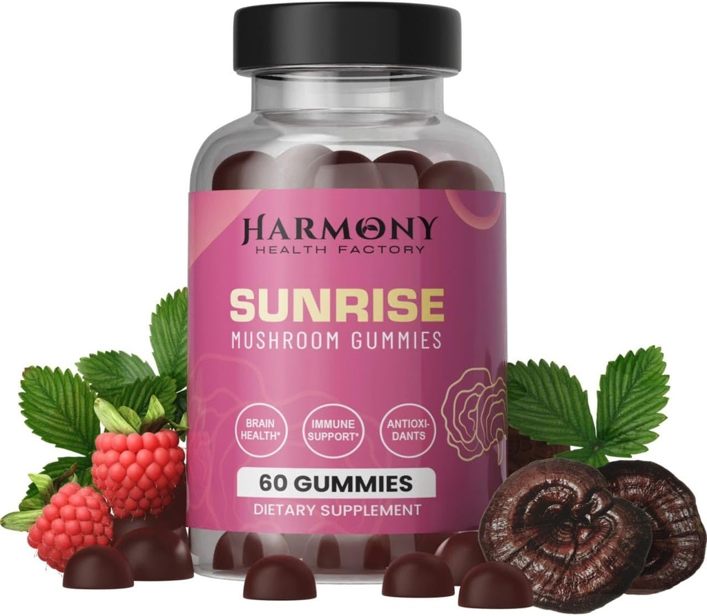 SUNRISE 10x Potency Mushroom Supplement Gummies for Energy, Mood and Immune Support with Organic Lion's Mane, Cordyceps, Reishi, Chaga and Turkey Tail Nootropic Adaptogenic Raspberry Flavor 60 Count 2