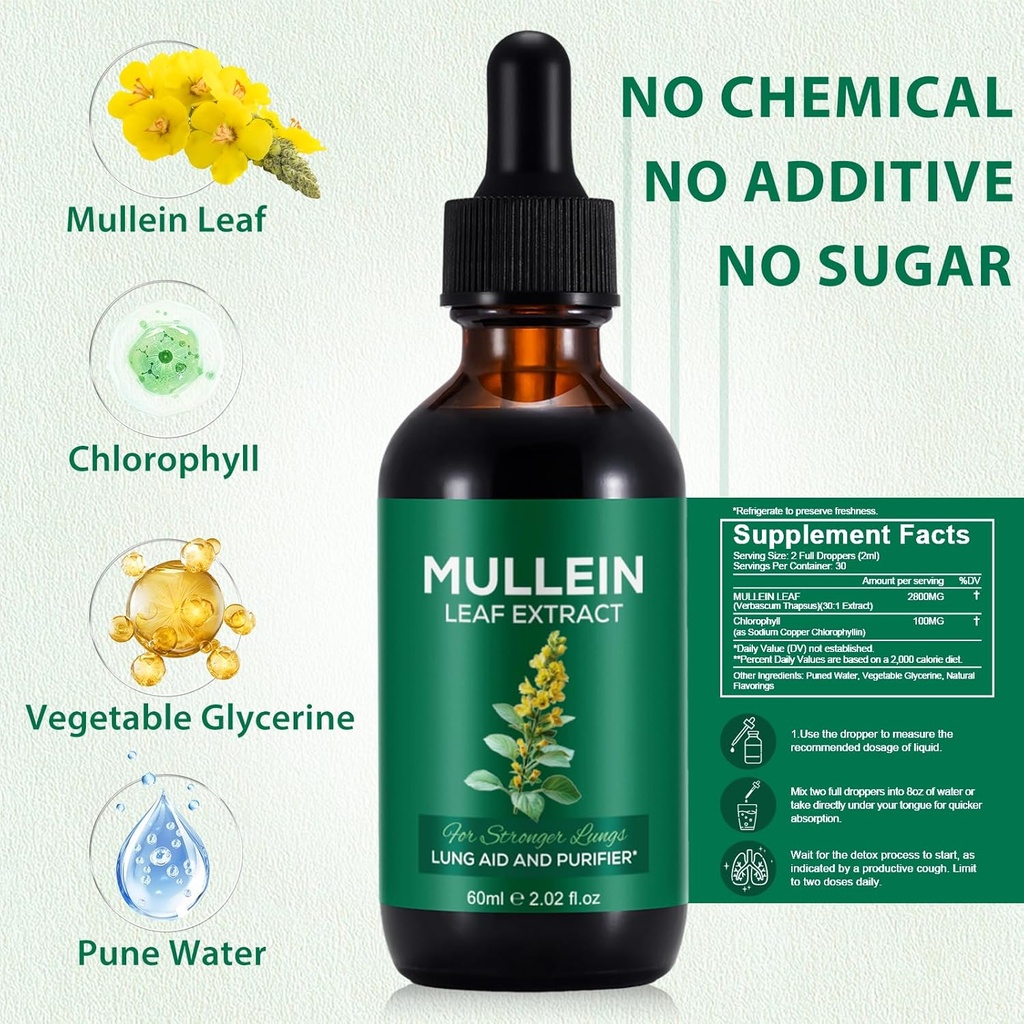 Mullein Drops for Lungs, Mullein Leaf Extract for Lungs, Natural Mullein Herbal Supplements, Mullein Chlorophyll Drops for Lungs, Lung Cleanse for Smokers - 2.02 fl oz 3