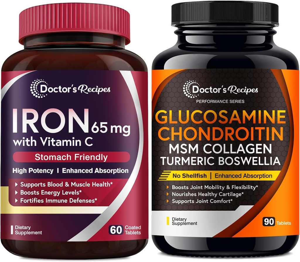 Doctor's Recipes Iron 65 mg & Glucosamine Chondroitin MSM Bundle, Healthy Iron Levels & Comfortable Joints, Iron Tablets 60 ct & Joint Support Tablets 90 ct 2