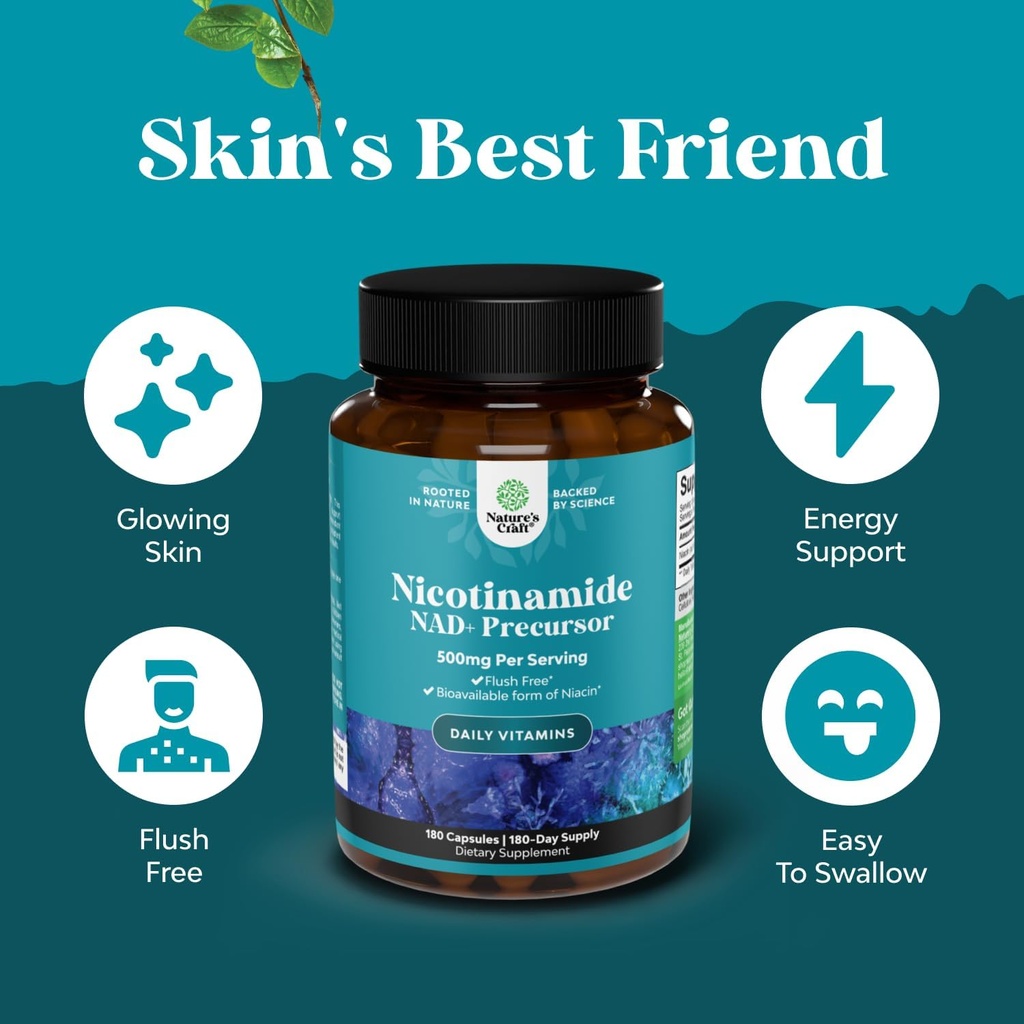 Vitamin B3 Niacinamide 500mg Capsules - Mitochondrial Energy and Potent Skin Supplement - AKA Vitamin B3 Niacin 500mg Flush Free and Nicotinamide 500mg - Flush Free Niacin Supplement - 180 Count 5