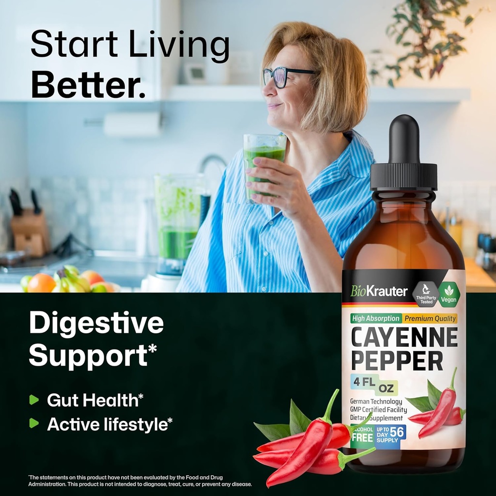 BIO KRAUTER Cayenne Pepper Extract Liquid - Pure Capsaicin Extract - Liquid Cayenne Pepper Drops for Digestive Support - Sugar & Alcohol Free 4 Fl.Oz. 4